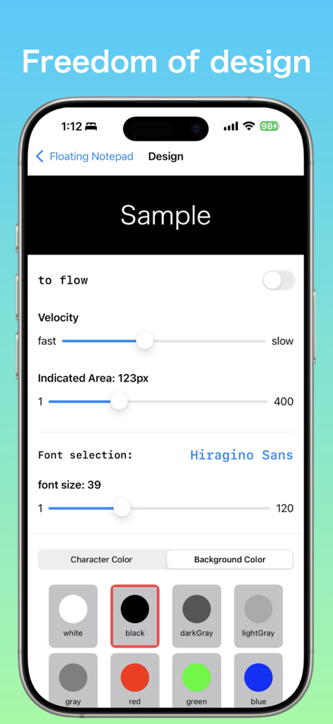 Floating Notepad　-Overlay- - Interface of the Floating Notepad app showing design settings for customizing text velocity, font size, and background colors.