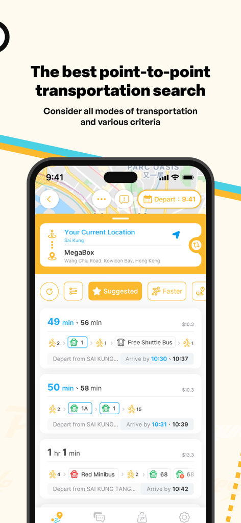 Pokeguide - Your transit guru! - Pokeguide app interface showing point to point transit search results with various travel routes and times in Hong Kong