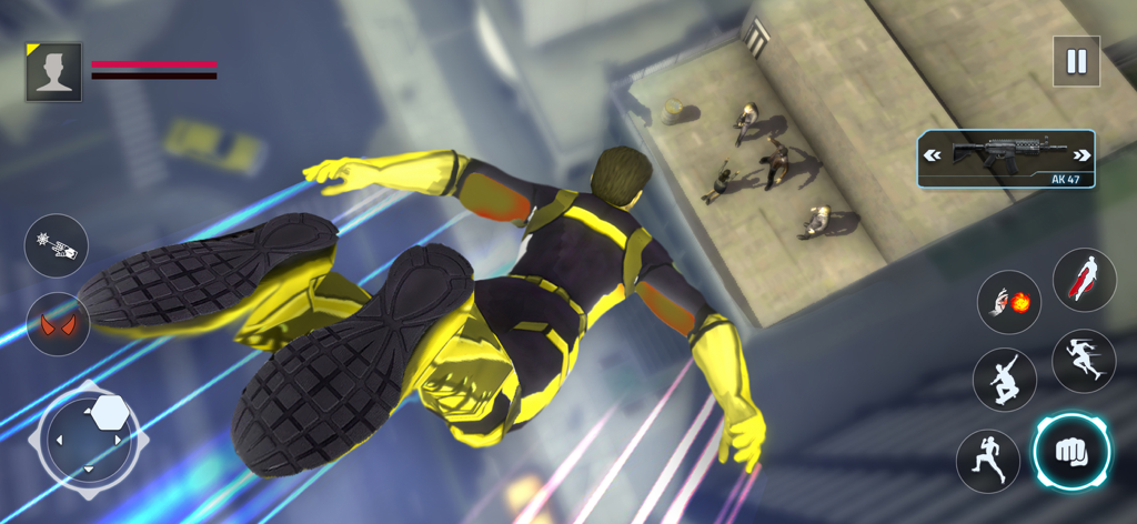 Spider Super Rope Hero Fighter - Superhéroe con traje amarillo y negro volando hacia enemigos en la azotea de la ciudad