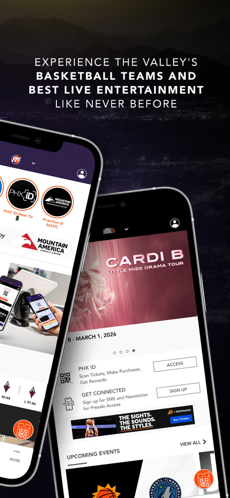 Suns-Merc-Mortgage Matchup Ctr - Preview of the Suns-Mercury-Mortgage Matchup Center mobile app showing basketball and concert event information with ticketing features.