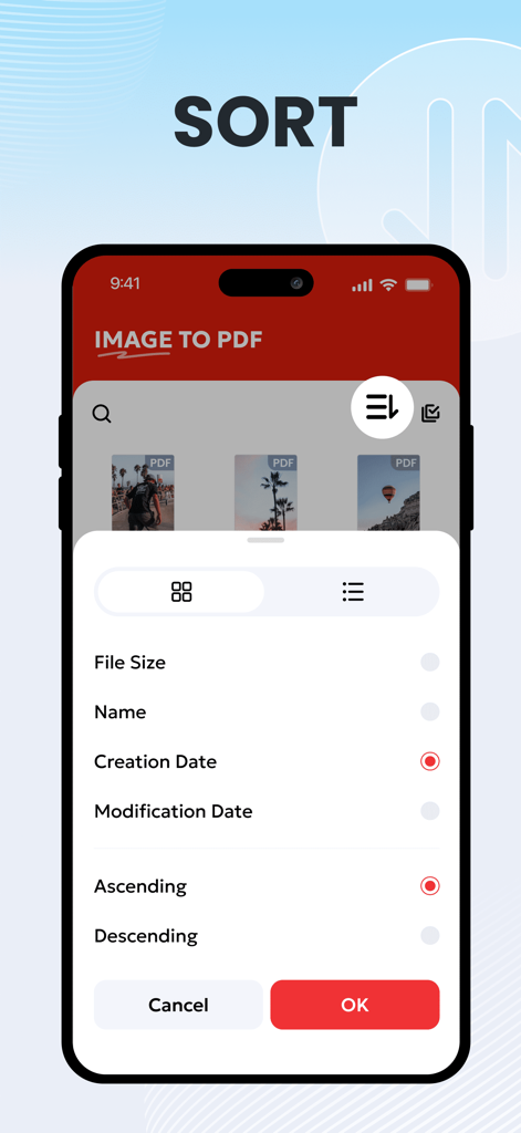 PDF Converter , Photo to PDF - Interfaccia dell'app mobile che mostra le opzioni per ordinare i file PDF per nome, dimensione e data