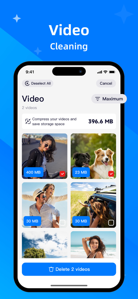 Clean Now app interface showing video cleaning and compression options to free up storage space.