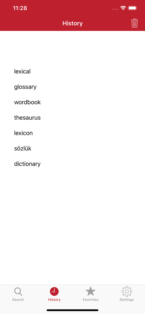 Tureng Dictionary app search history showing a list of recently translated words