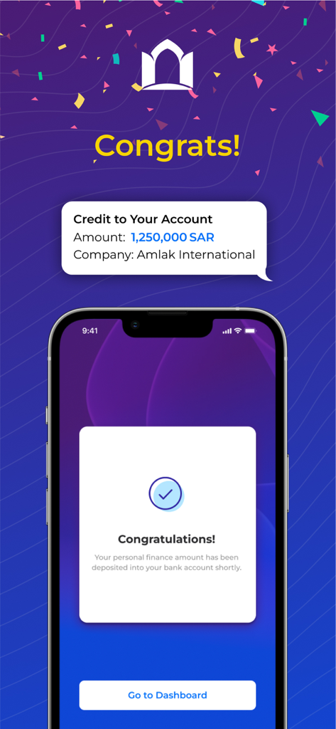 amlak: Personal Finance - Un teléfono móvil mostrando una pantalla de felicitación por un crédito de financiación personal de 1.250.000 SAR de Amlak International.