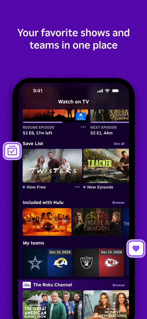 Roku app interface showing personalized movies and sports teams