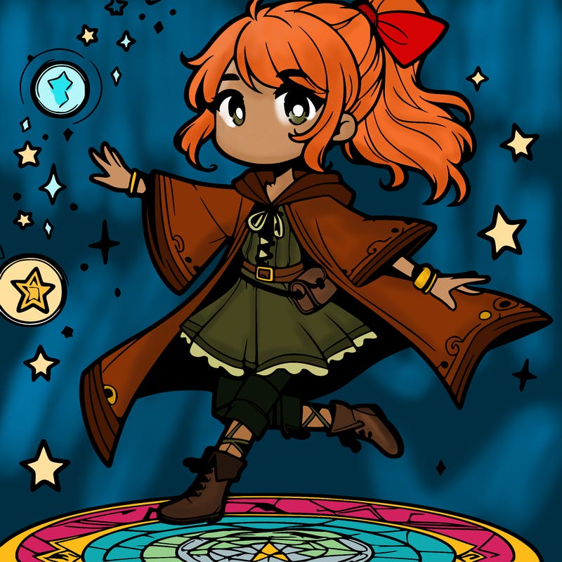 a young mage floating in the air with magic around her