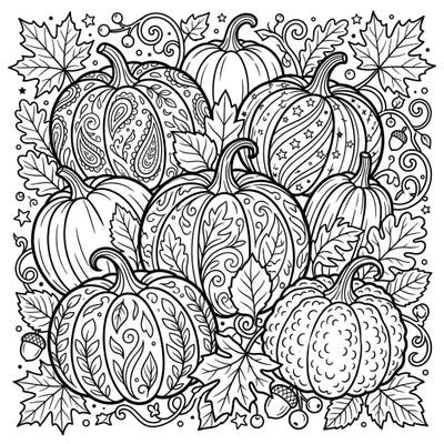 Dive into the beauty of autumn with this stunning coloring page featuring a collection of intricately designed decorative pumpkins. Perfect for teens, this artwork offers a rewarding creative challenge with its detailed patterns and festive fall elements.