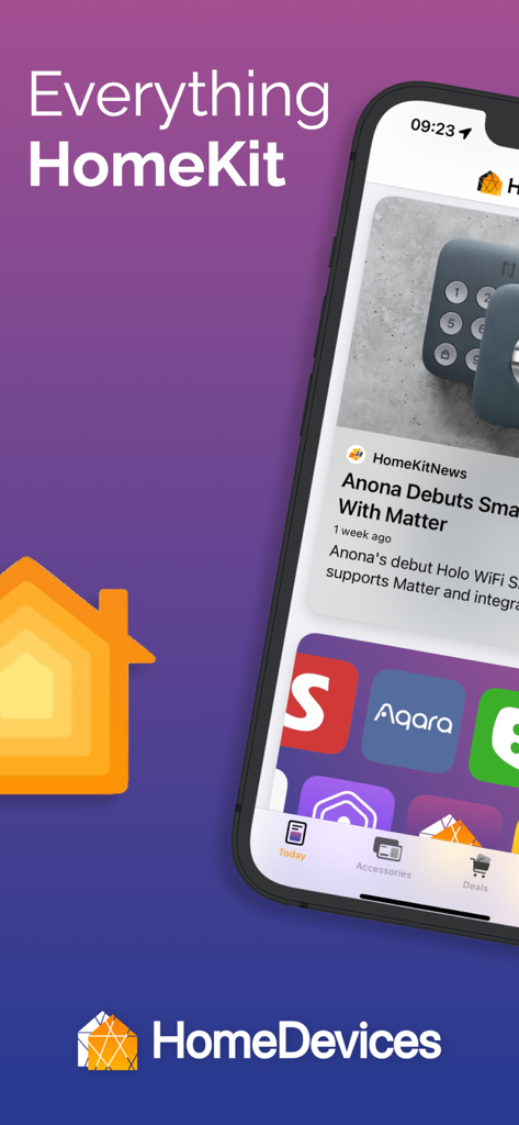 Captura de pantalla de la aplicación HomeDevices para Apple HomeKit que muestra el feed de noticias y las categorías de dispositivos domésticos inteligentes.
