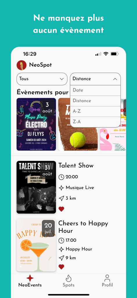 Oberfläche der NeoSpot App zeigt lokale Events und Entdeckungsfilter.