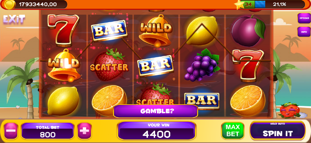 Beach themed slot machine gameplay with fruit symbols and 777s