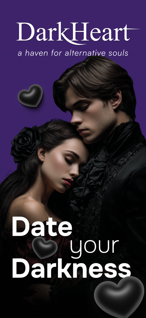 DarkHeart: Goth Dating App - DarkHeart Goth Dating App promotional image featuring a gothic couple and the text Date your Darkness