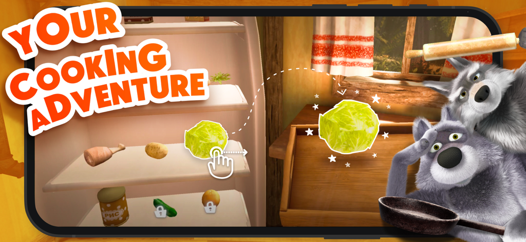 Masha and the Bear: Cook food - Un personaje Lobo seleccionando una col en la interfaz del juego de cocina de Masha y el Oso.