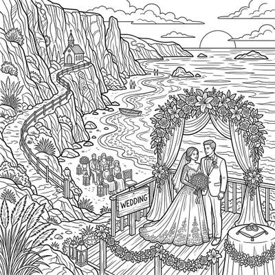 Dive into a breathtaking scene of love and natural beauty with this charming cliffside beach wedding coloring page. It captures a romantic ceremony set against a stunning coastal backdrop, inviting you to add your personal artistic touch.