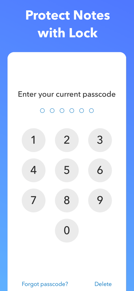 UpNote app passcode lock screen interface for protecting private notes
