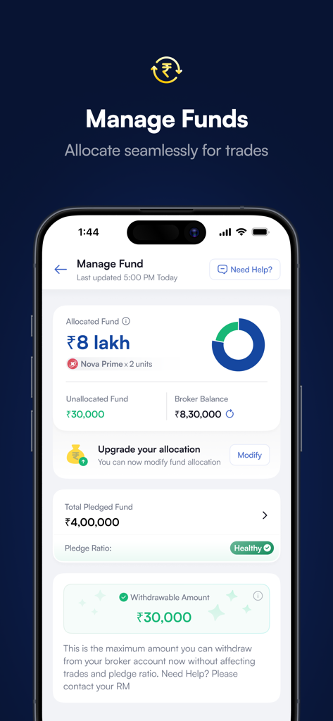 marketfeed - Screenshot of marketfeed app showing fund management dashboard with allocated and withdrawable balance in Indian Rupees