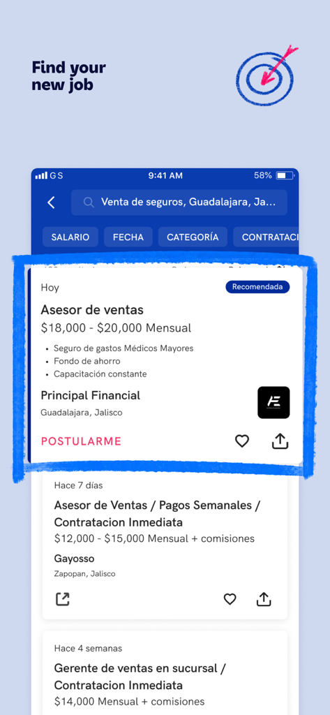 Die Benutzeroberfläche der OCC Job Search App zeigt eine Stellenanzeige für einen Verkaufsberater in Guadalajara an.