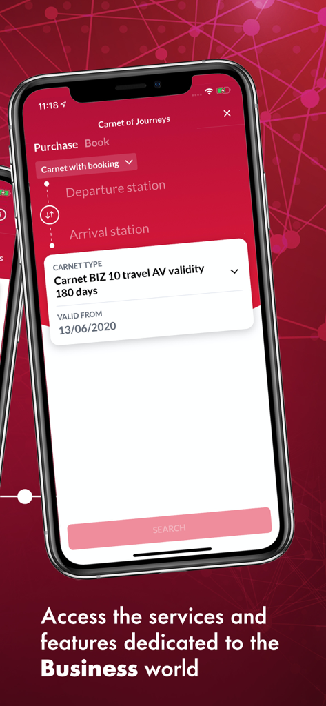 Trenitalia app screen showing carnet purchase options for business travelers