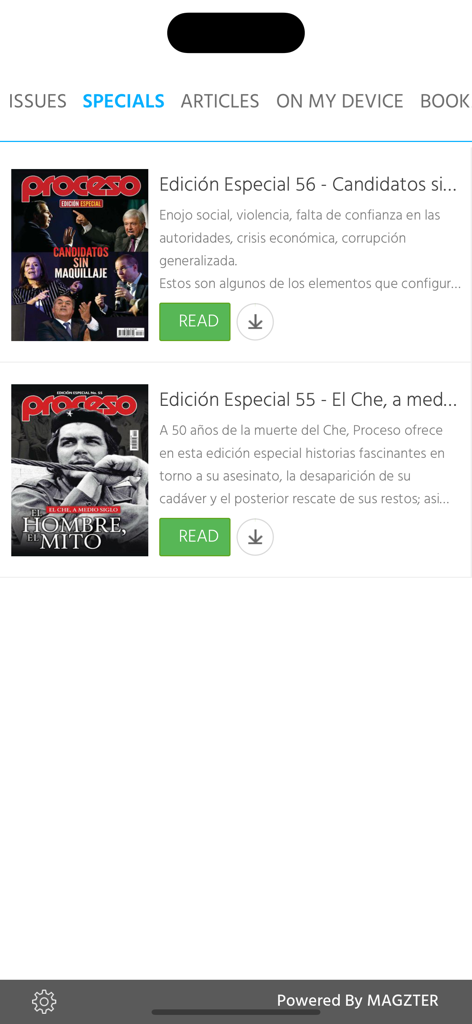 Revista Proceso app special editions list with politics and history magazine covers.