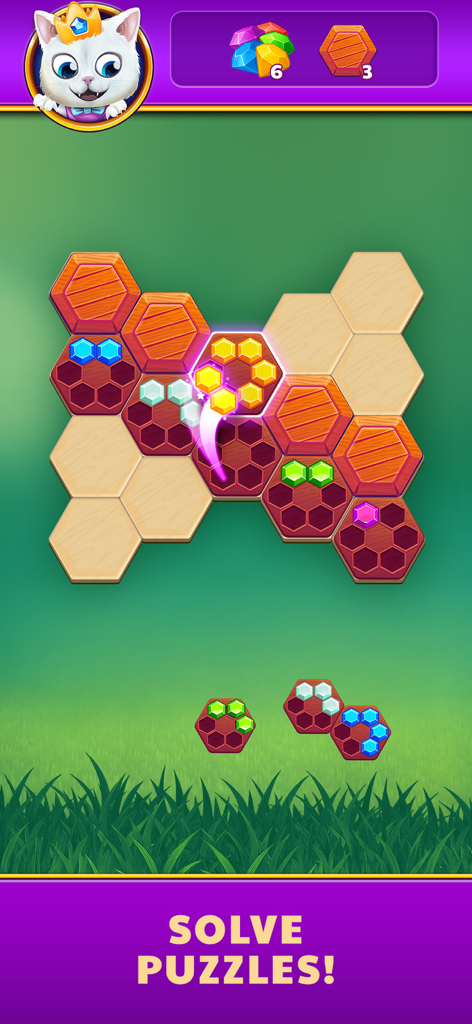 Hexa Diamonds - Hexagonal puzzle gameplay in Hexa Diamonds with colorful gems and Gustav the cat.