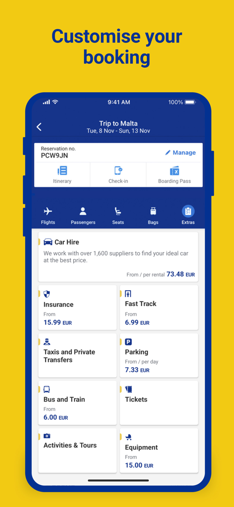 Smartphone screen showing Ryanair app booking customization options including car hire and insurance