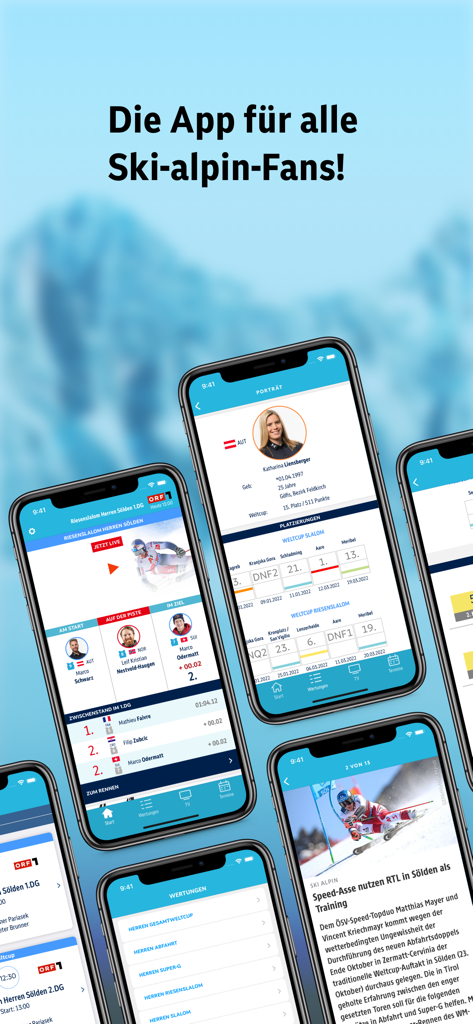 Multiple smartphone screens displaying live race rankings athlete profiles and news from the ORF Ski Alpin app