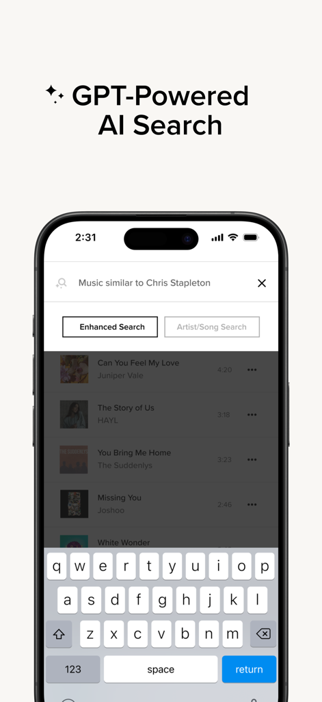 Audiio Pro - Audiio Pro mobile app interface showing the GPT-powered AI search feature for finding music soundtracks.