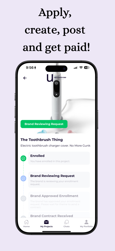 UGCCreatorapp - Interface of the UGCCreatorapp showing the status of a brand collaboration project from enrollment to payment.
