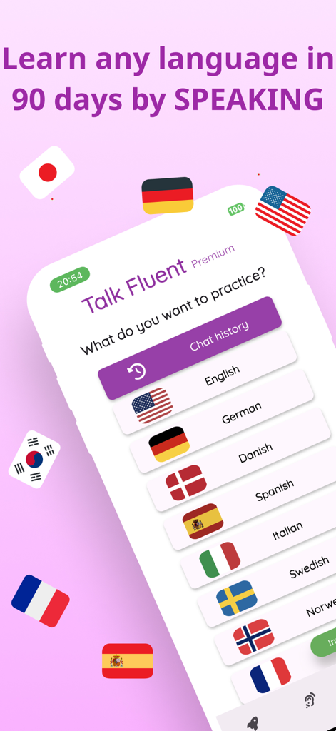 Talk: Korean,Japanese Learning - Interfaz de la aplicación de aprendizaje de idiomas Talk Fluent que muestra una lista de idiomas disponibles para practicar la conversación, incluyendo inglés, alemán y español