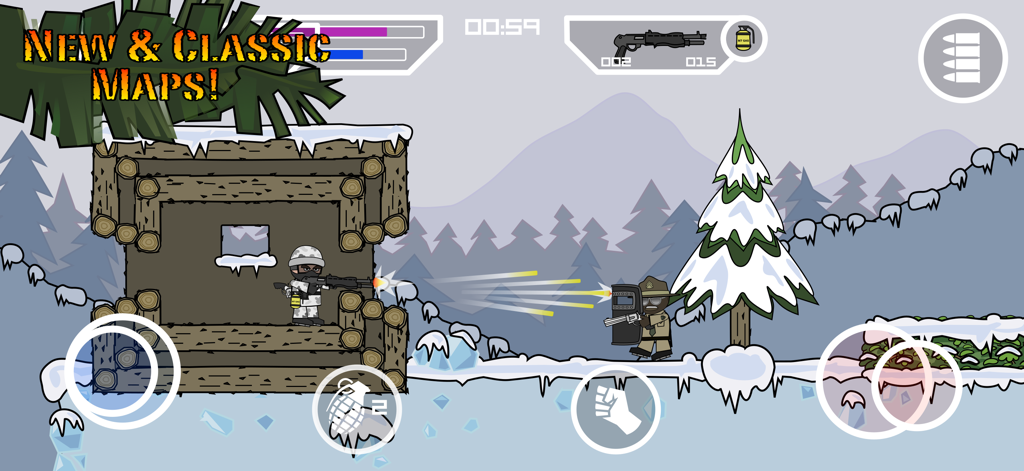 2D cartoon shooter gameplay in a snowy environment featuring soldiers battling near a log fort