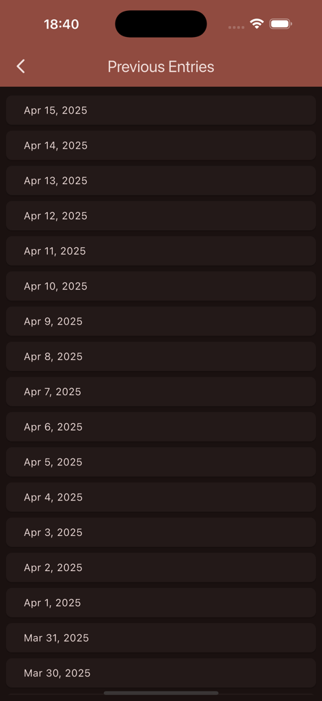 A chronological list of previous daily diary entries in the Write memos for fun app