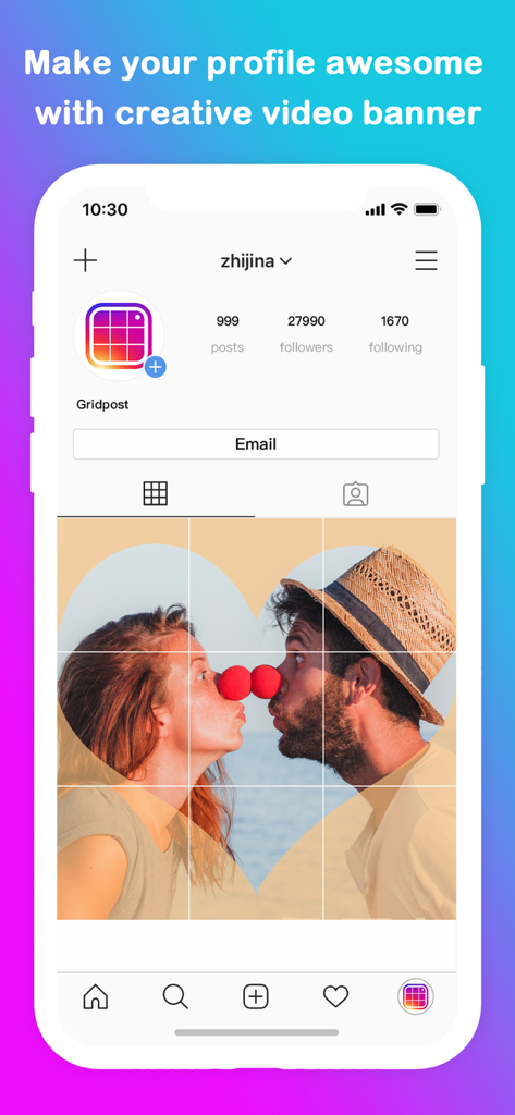 Grid Post Pic Collage Maker - Large 3x3 photo grid banner on an Instagram profile page