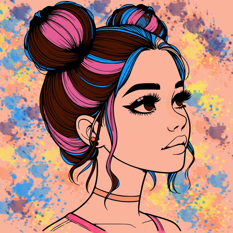 realistic girl with buns on the top of her head