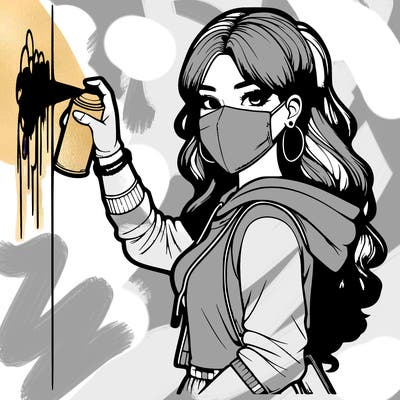 realistic girl with mask spray painting a wall