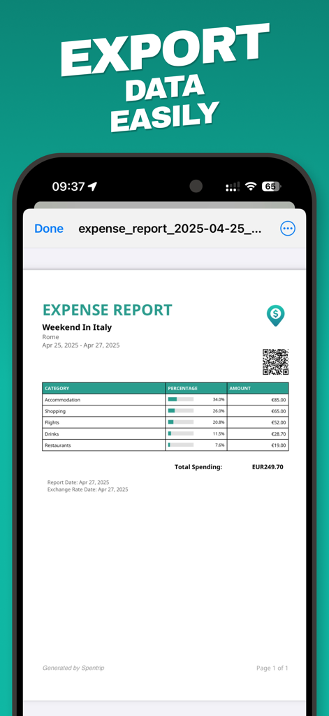 Un rapporto sulle spese di viaggio nell'app Spentrip che mostra una ripartizione dettagliata delle spese per un viaggio in Italia.