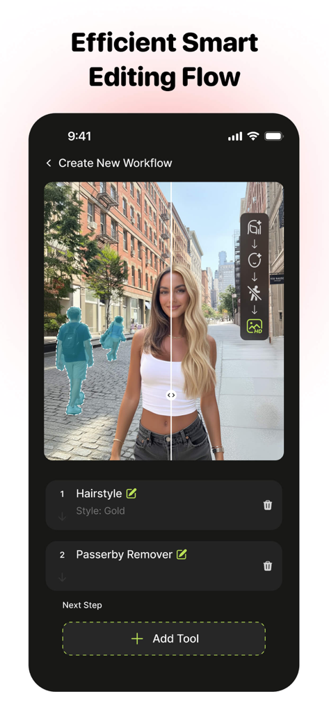 PhotoCat - Enhancer & Cleaner - Interfaz de la aplicación PhotoCat mostrando un flujo de trabajo de edición IA inteligente con herramientas de peinado y eliminación de transeúntes.