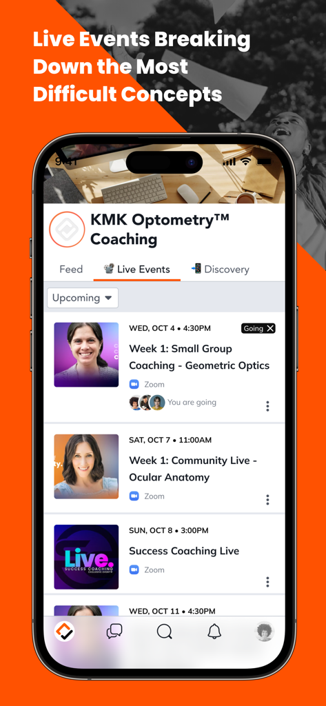 KMK Optometry Coaching - KMK Optometry Coaching app displaying upcoming live events for board exam preparation including small group coaching and ocular anatomy sessions
