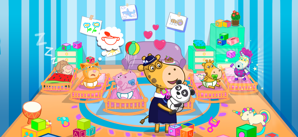 Giraffe character caring for baby animals in a colorful nursery room