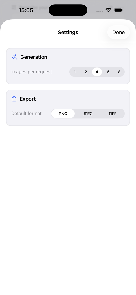 Image Play Studio - Settings interface for image generation and export formats in Image Play Studio