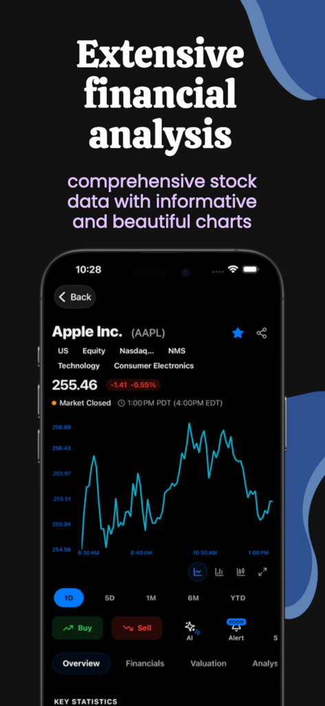 Stock Market - AI Insights - Smartphone screen displaying Apple stock price analysis with a detailed line chart and comprehensive financial data.
