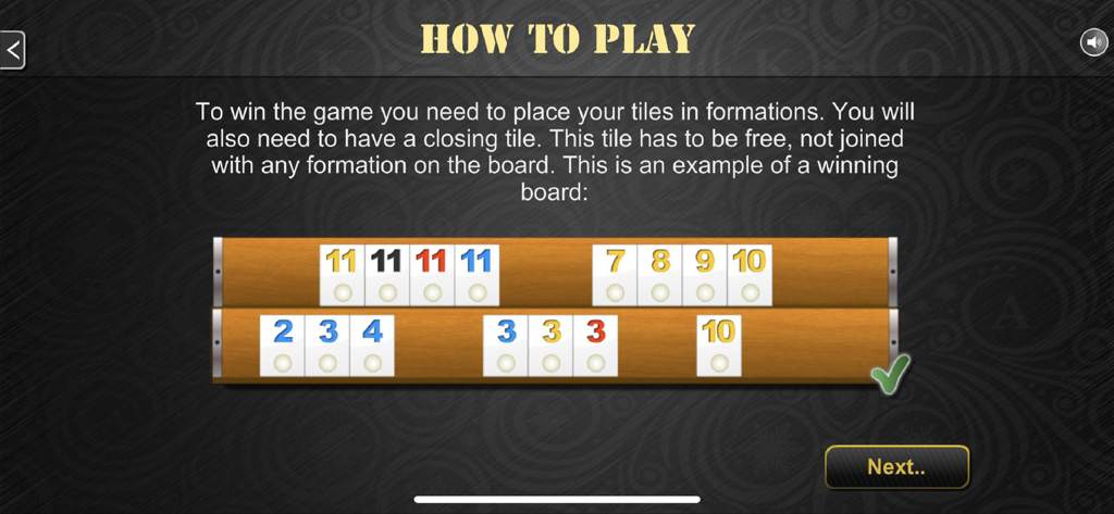 Schermata istruzionale per Rummy PRO che mostra un tavolo vincente con formazioni di tessere numerate su rastrelliere di legno.