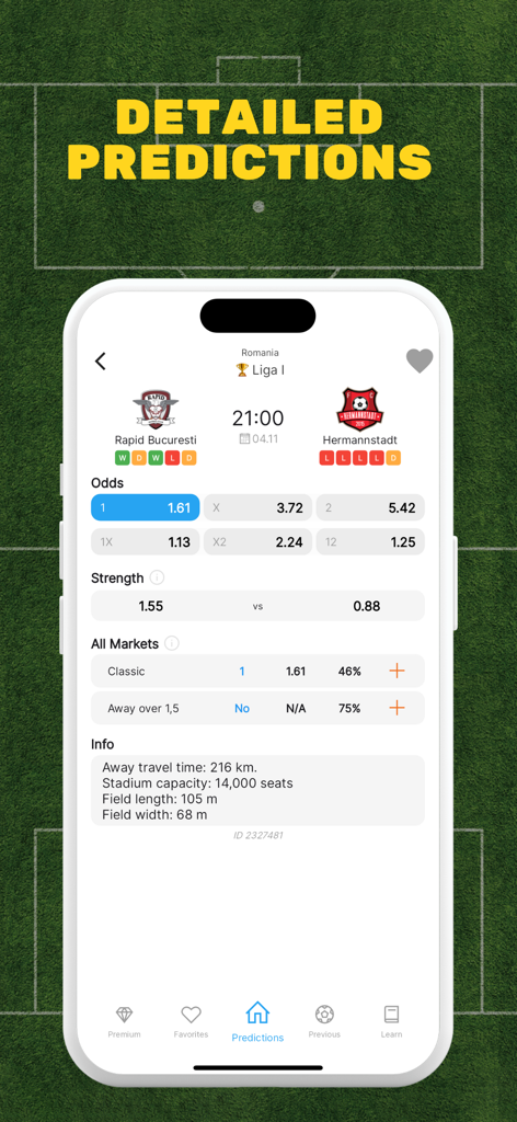 WIN Soccer Betting Tips - 特定の試合の詳細なサッカーベッティング予測とオッズを表示するスマートフォン画面。
