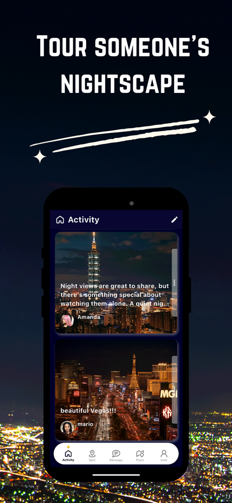 YORU -Share night views live - Interfaz de la app YORU mostrando un feed de vistas nocturnas en vivo compartidas por usuarios