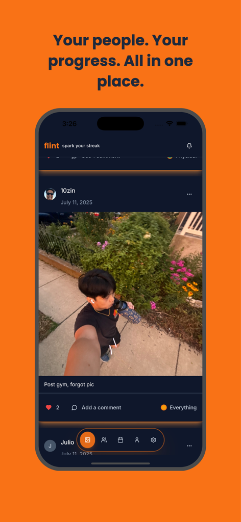 flint: Social Habit Tracker - Feed social de la aplicación flint de rastreo de hábitos sociales mostrando foto de progreso del usuario
