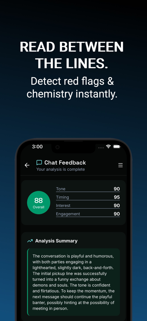 FlirtUp AI Dating Coach & Rizz - FlirtUp AI app interface showing chat feedback scores for tone timing and interest with an overall chemistry score of 88