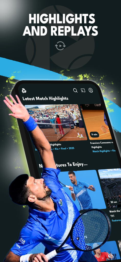 最新のATP試合のハイライトと再生を表示するTennis TVアプリのインターフェース