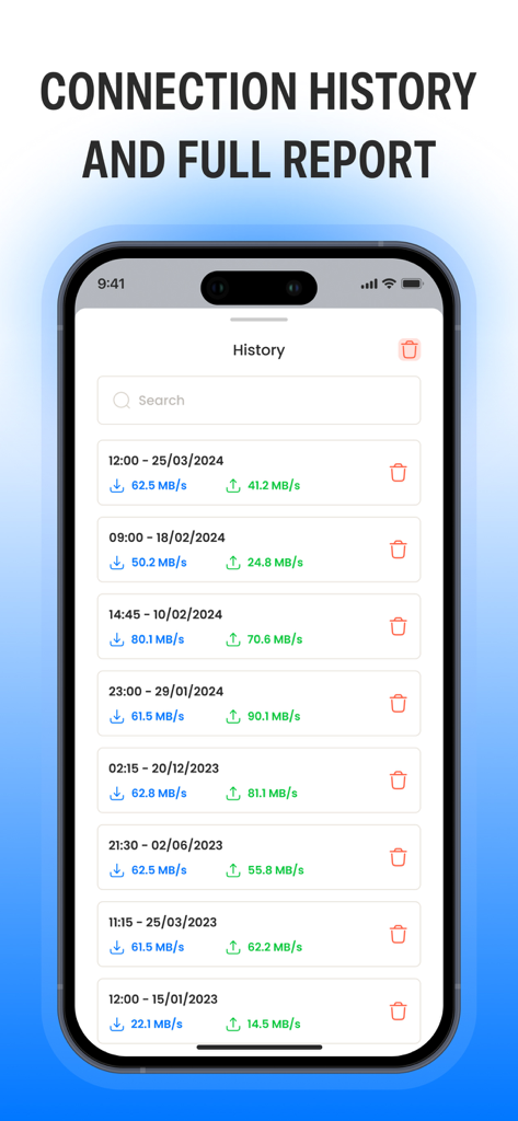 Guardian VPN — Secure - A mobile screen showing the connection history of Guardian VPN with details on session dates and data speeds.