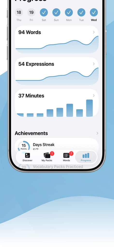 Learn English with LENGO - Panel de control de la aplicación LENGO que muestra estadísticas de palabras aprendidas, expresiones utilizadas y tiempo de estudio con un rastreador de racha diaria.