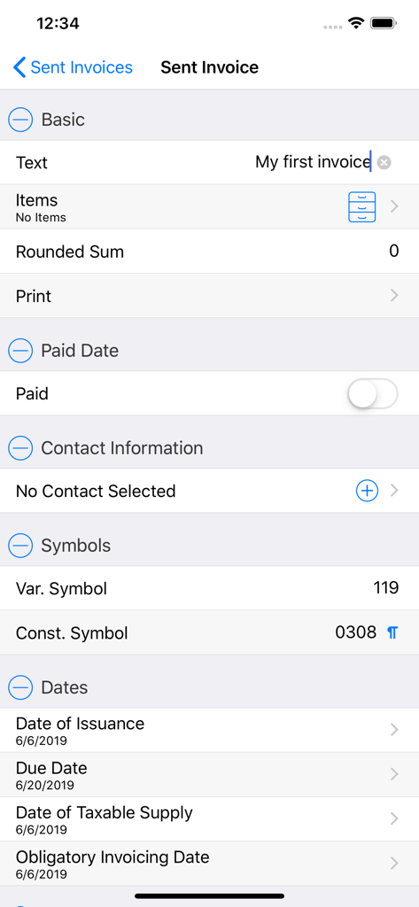A mobile interface for the UctoX 2 app showing detailed fields for a sent invoice including items, contact info, and payment dates.