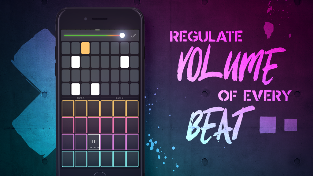 Tap2Beat - Drum Pad Machine - Tap2Beat app interface showing a drum pad grid and volume control for individual beats