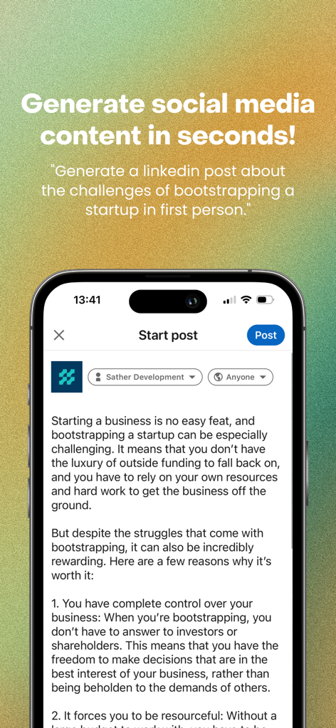 Rizz app interface showing an AI-generated LinkedIn post about bootstrapping a startup